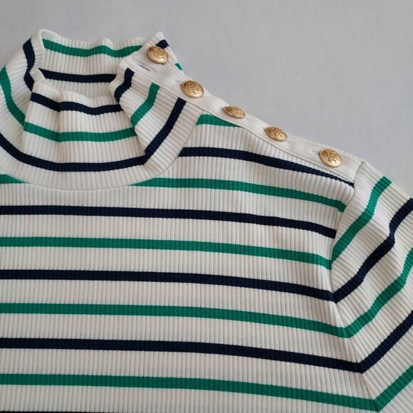 J Crew Lisbon Stripe Ivory & Emerald Vintage Ribbed Turtleneck With Buttons - Picture 6 of 9
